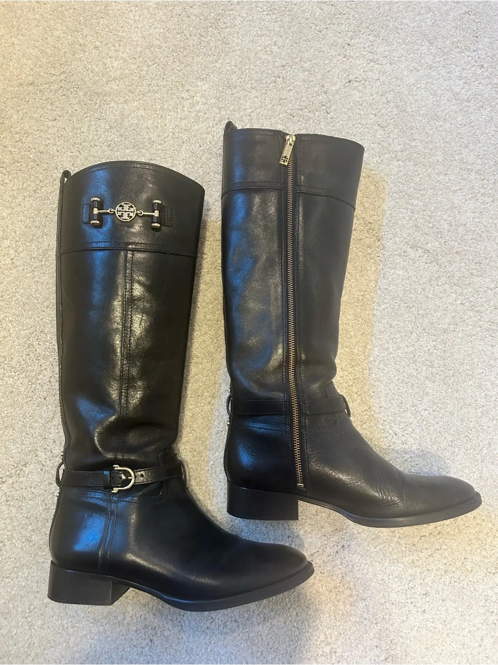 Tory Burch Black Leather Tall Riding Boots with Gold Logo